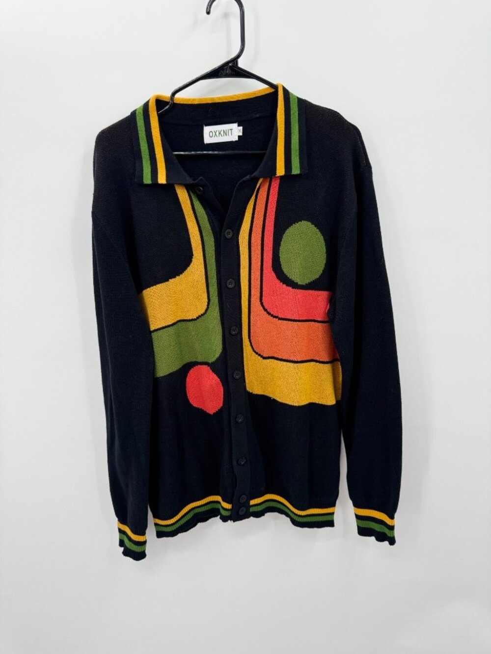 OXKNIT Retro 70s Geometric Pattern Button-Front Knit Cardigan Sweater